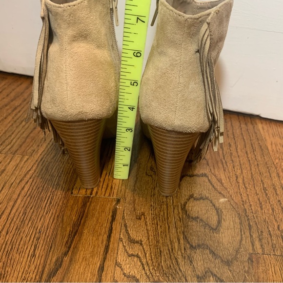 Qupid beige Fringe faux suede Peep Toe Heeled Ankle Booties. - Picture 3 of 9